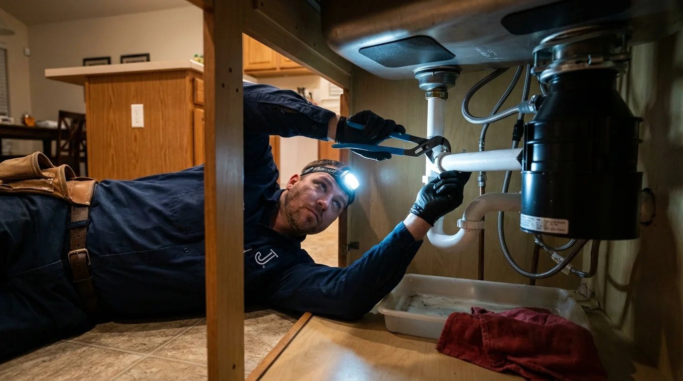 P-trap and supply line connections under a kitchen sink showing a common leak point in Lexington, SC